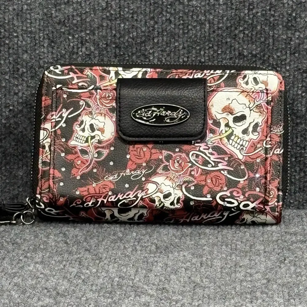 Ed Hardy Wallet Wristlet Womens One Size Black Skull Rose Tattoo Zip Around